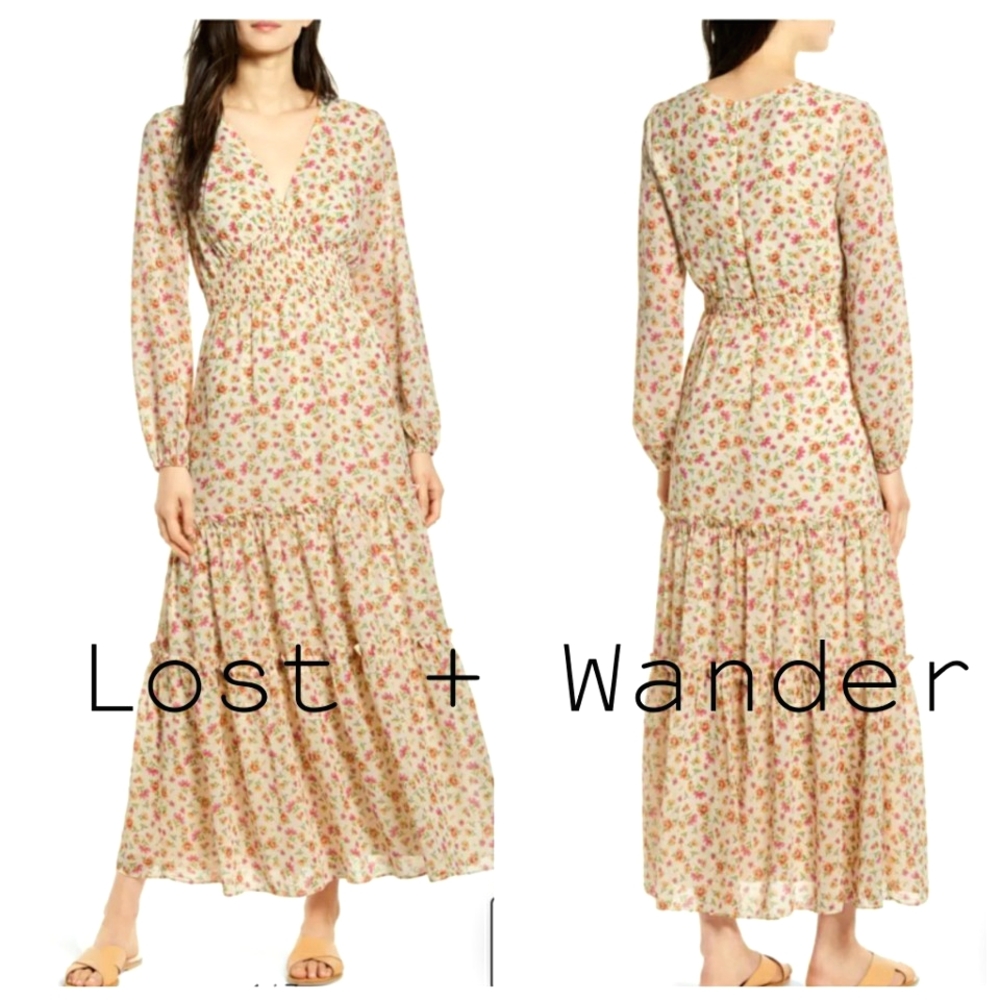 Nwot Lost & Wander Love in Bloom Ivory Longsleeve Tiered Tiny Floral Maxi Dress